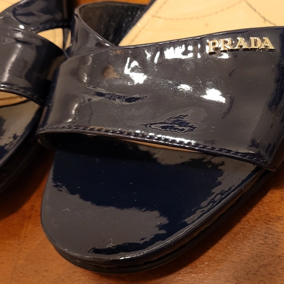 PRADA EUC Navy Blue Patent Leather Low Wedge Sandal Sz 38 1/2 - Picture 9 of 13